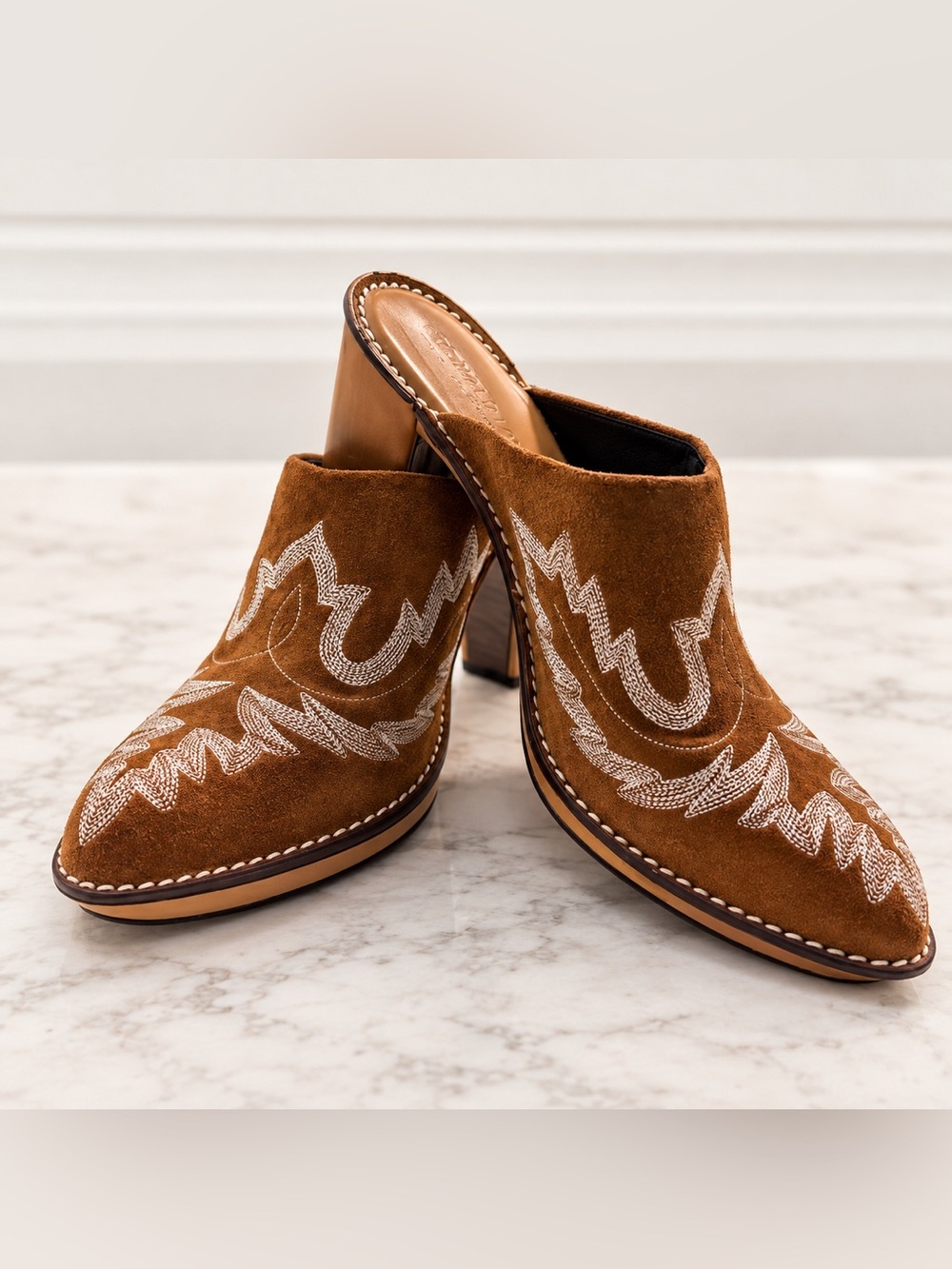 Donald J. Pliner Tan Suede Embroidered Mule Heels